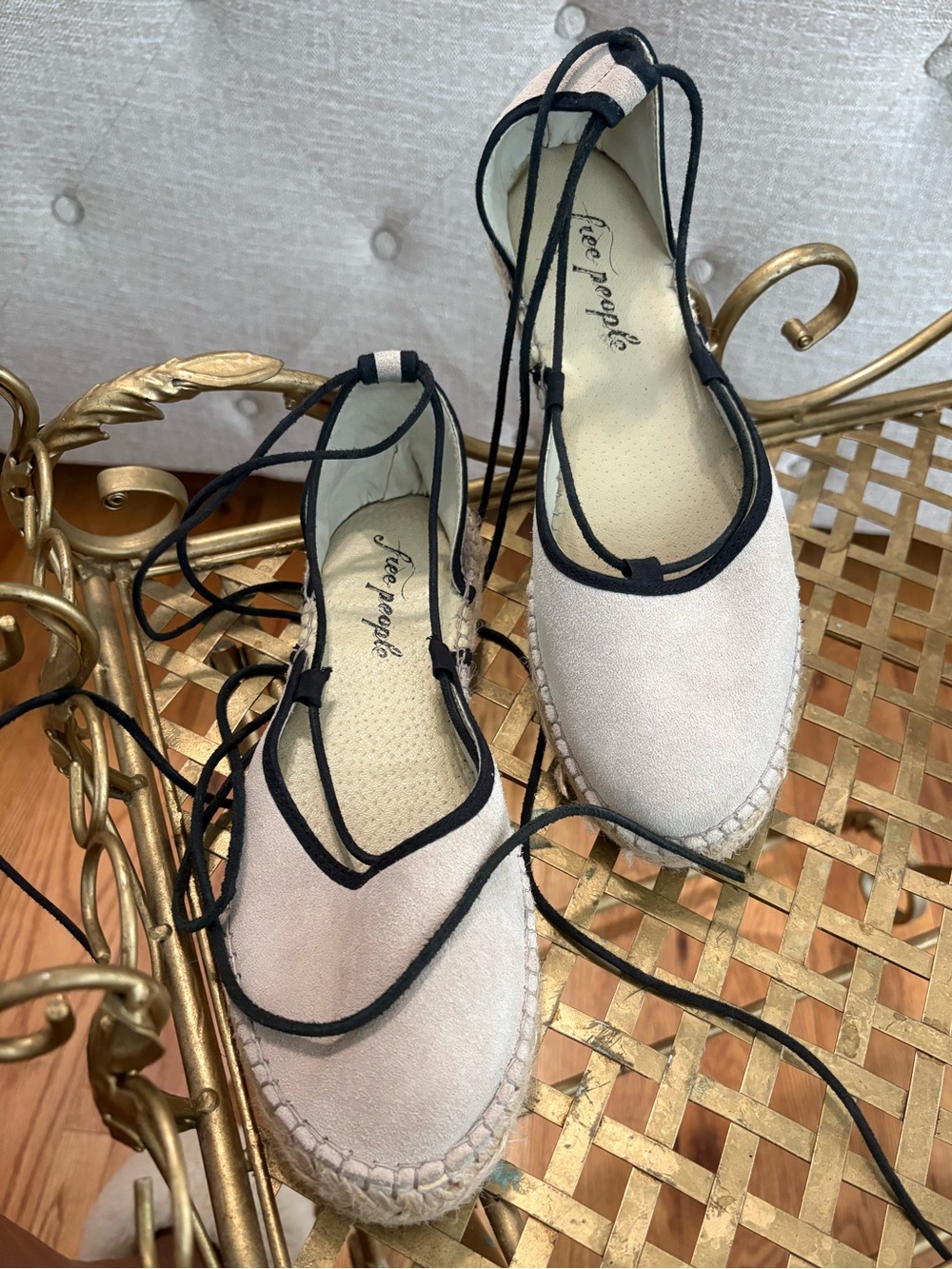 Free People Cream Espadrille Lace-Up Flats with Black Trim